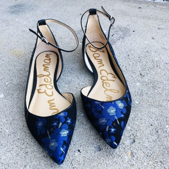 Sam Edelman Radley Floral Jacquard Ankle Strap Flats Blue Size 8.5 - Picture 3 of 14